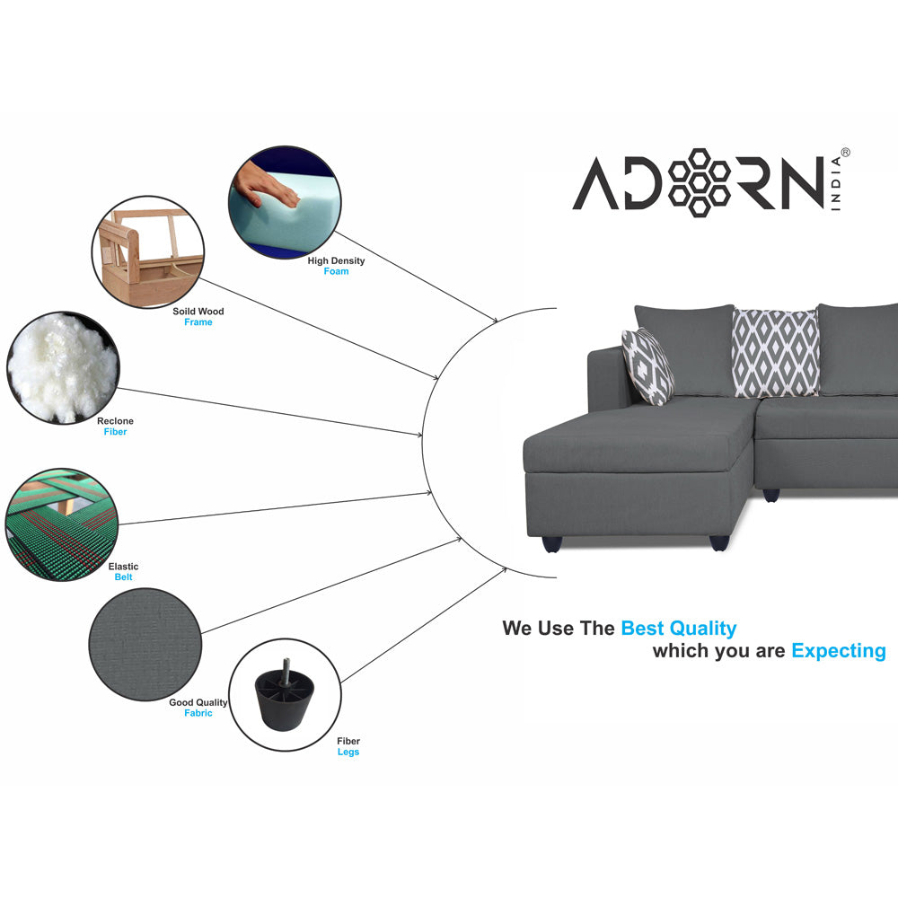 Adorn India Zink Straight line L Shape 5 Seater Sofa Rhombus Cushion (Left Side Handle)(Grey)