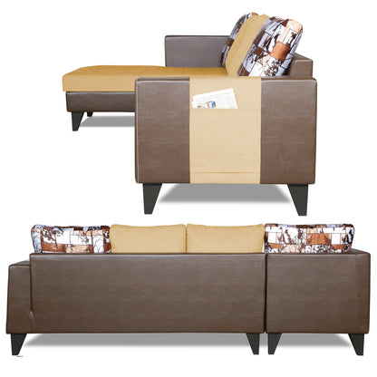 Adorn India Ashley L Shape 6 Seater Sofa Set Leatherette Fabric Digitel Print (Left Hand Side) (Brown & Beige) (3 Year Warranty)