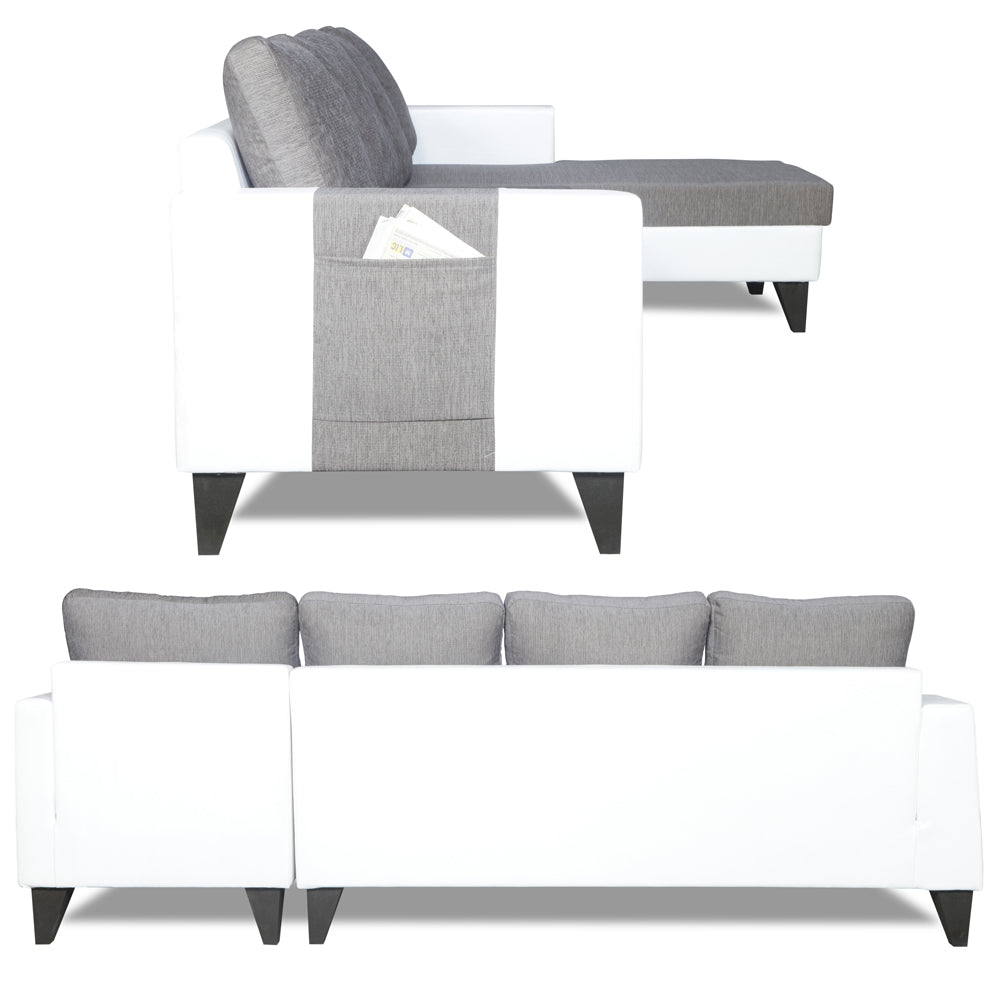 Adorn India Ashley Plain Leatherette Fabric L Shape 8 Seater Sofa Set with 2 Ottoman Puffy & Center Table RHS (Grey & White) (3 Year Warranty)