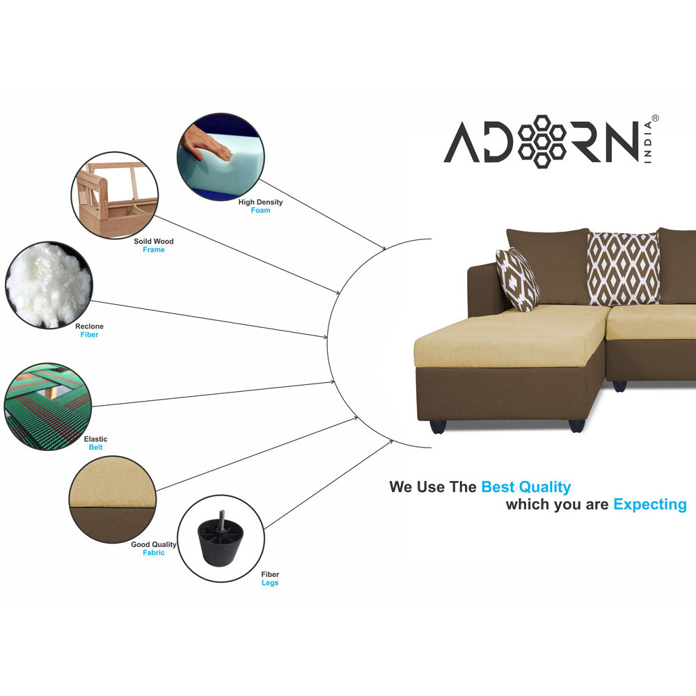Adorn India Zink Straight line L Shape 6 Seater Sofa Rhombus Cushion (Left Side Handle)(Brown & Beige)