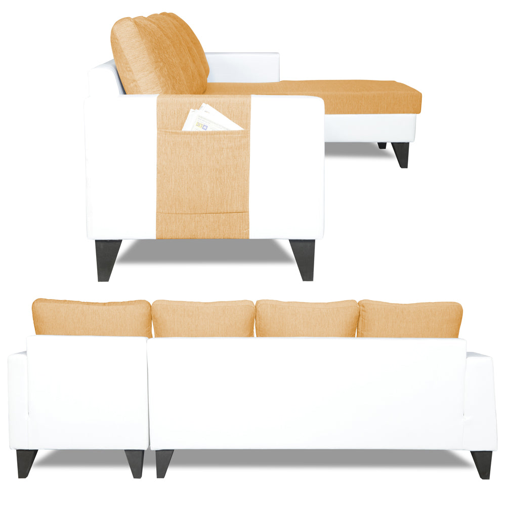 Adorn India Ashley Leatherette Fabric L Shape 6 Seater Sofa Set Plain (Right Hand Side) (Beige & White) (3 Year Warranty)