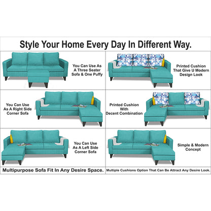 Adorn India Wood Hallton L Shape 4 Seater Sofa Set Digital Print (Aqua Blue) (3 Year Warranty)