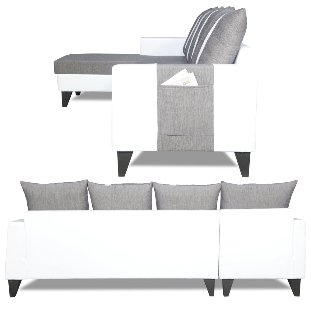 Adorn India Ashley Leatherette Fabric L Shape 6 Seater Sofa Set Stripes (Left Hand Side) (Grey & White) (3 Year Warranty)
