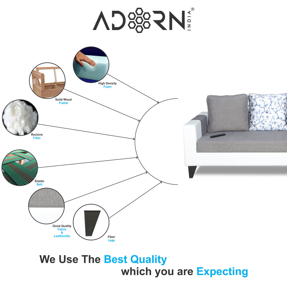 Adorn India Ashley Digitel Print Leatherette Fabric 3 Seater Sofa (Grey & White) (3 Year Warranty)