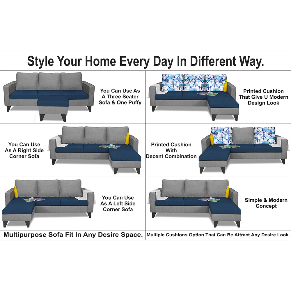 Adorn India Hallton L Shape 4 Seater Sofa Set Digital Print (Blue & Grey) (3 Year Warranty)