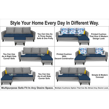 Adorn India Hallton L Shape 4 Seater Sofa Set Digital Print (Blue & Grey) (3 Year Warranty)