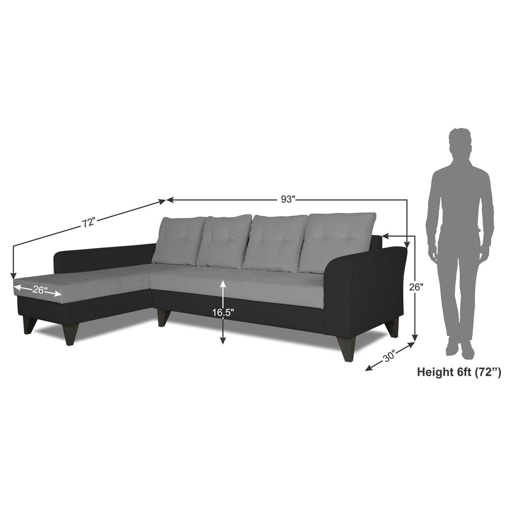 Adorn India Maddox Plain Two Tone L Shape 6 Seater Sofa Set LHS (Grey & Black) (3 Year Warranty)