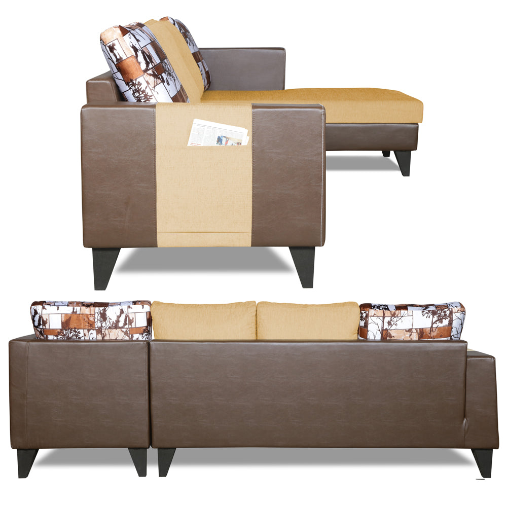 Adorn India Ashley L Shape 6 Seater Sofa Set Leatherette Fabric Digitel Print (Right Hand Side) (Brown & Beige) (3 Year Warranty)