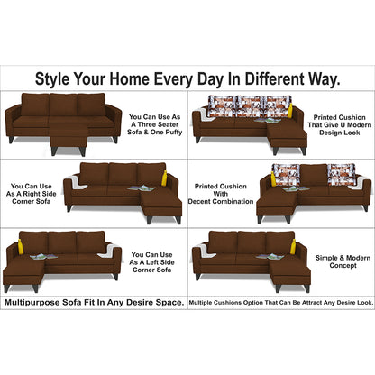 Adorn India Hallton L Shape 4 Seater Sofa Set Digital Print (Brown) (3 Year Warranty)