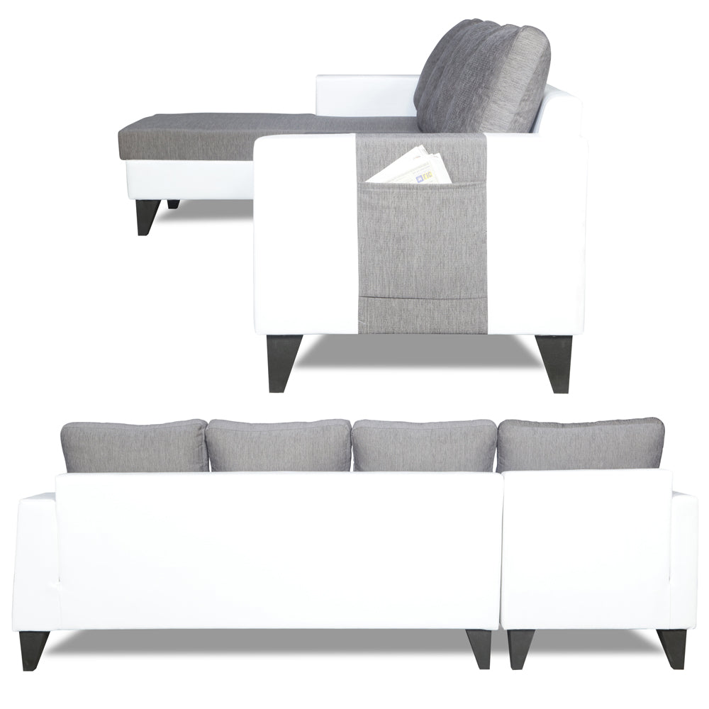 Adorn India Ashley Leatherette Fabric L Shape 6 Seater Sofa Set Plain (Left Hand Side) (Grey & White) (3 Year Warranty)