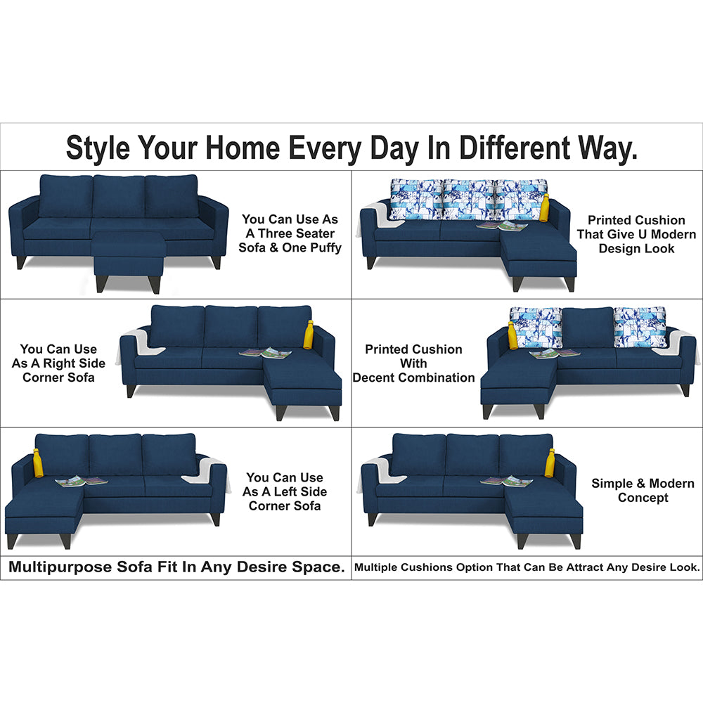 Adorn India Hallton L Shape 4 Seater Sofa Set Digital Print (Blue)(3 Year Warranty)