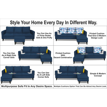 Adorn India Hallton L Shape 4 Seater Sofa Set Digital Print (Blue)(3 Year Warranty)