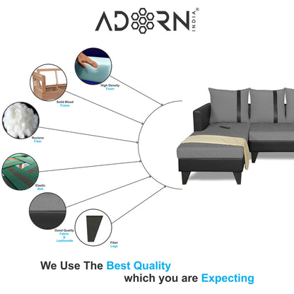 Adorn India Ashley L Shape 6 Seater Sofa Set Leatherette Fabric Stripes (Left Hand Side) (Grey & Black) (3 Year Warranty)