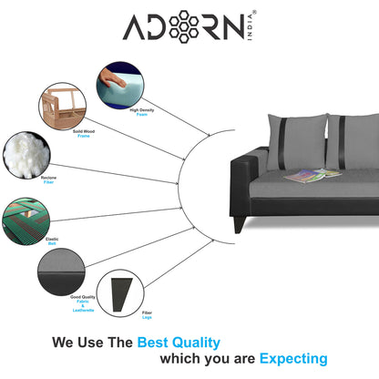 Adorn India Ashley L Shape 6 Seater Sofa Set Leatherette Fabric Stripes (Right Hand Side) (Grey & Black) (3 Year Warranty)