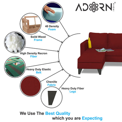 Adorn India Chandler Plain L Shape 4 Seater Wood Sofa Set (Maroon) (3 Year Warranty)