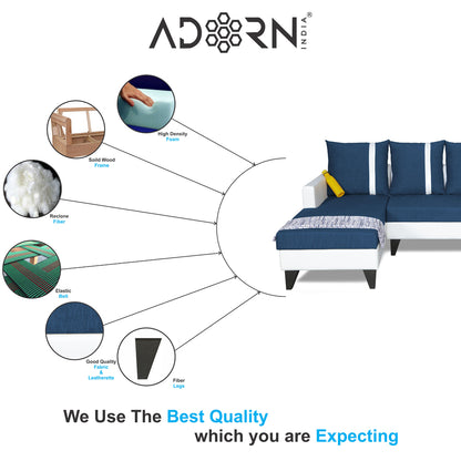 Adorn India Ashley Stripes Leatherette Fabric L Shape 8 Seater Sofa Set with 2 Ottoman Puffy & Center Table LHS (Blue & White) (3 Year Warranty)