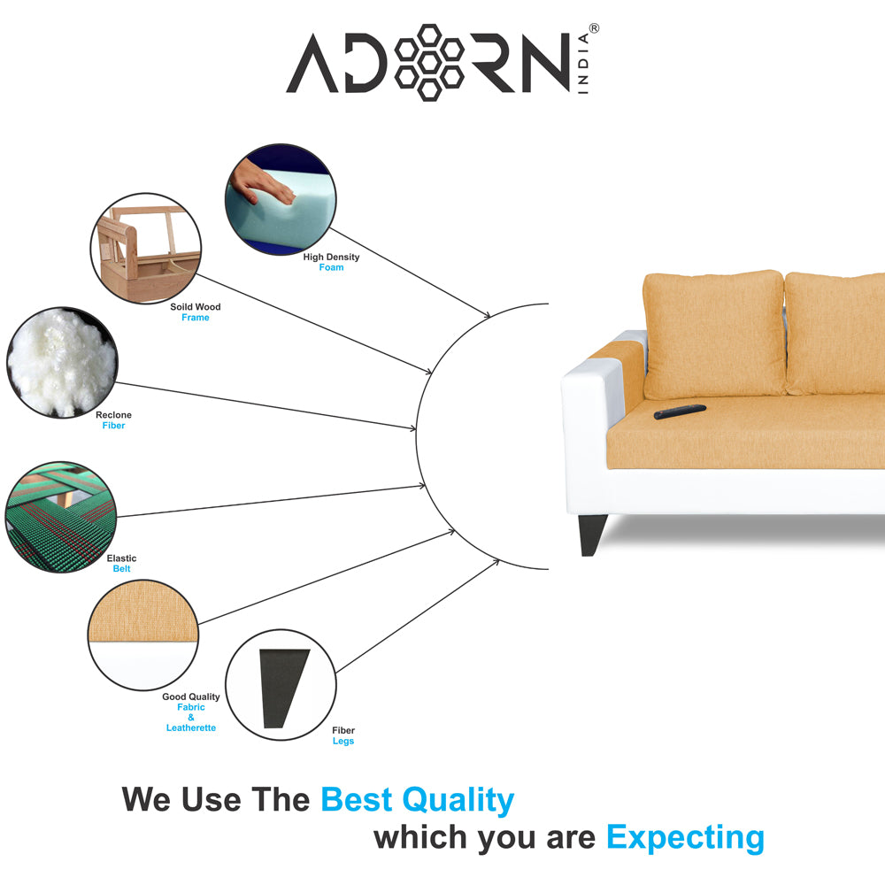 Adorn India Ashley Plain Leatherette Fabric 3-2 Five Seater Sofa Set (Beige & White) (3 Year Warranty)