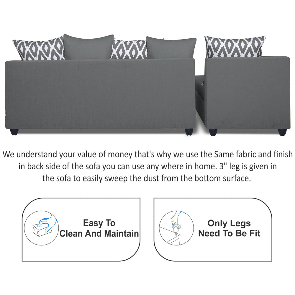 Adorn India Zink Straight line L Shape 5 Seater Sofa Rhombus Cushion (Left Side Handle)(Grey)