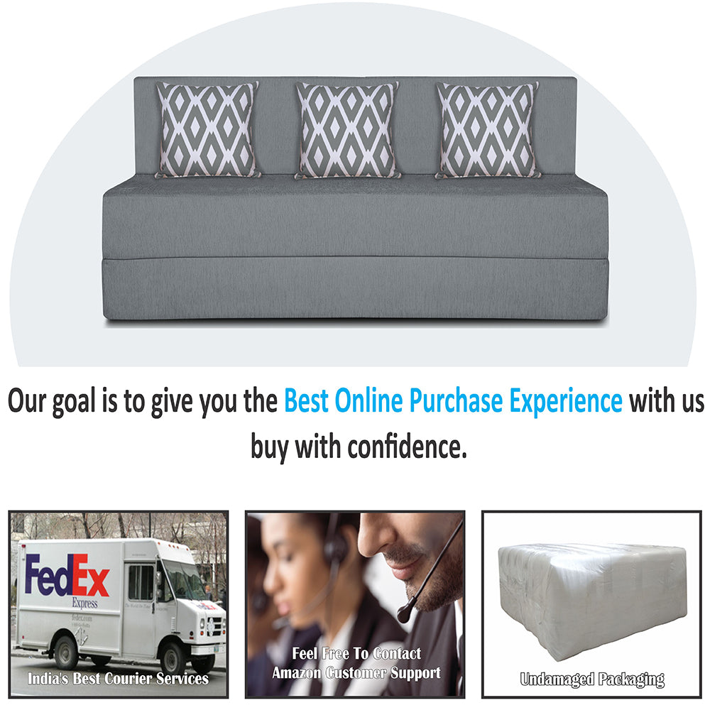 Adorn India Easy 3 Seater Sofa Cum Bed (Rhombus Pattern) Chennile Fabric - Washable Cover - Including 3 Cushion - Size 5' x 6' Ft (Grey Color) Perfect for Home & Office for Guests