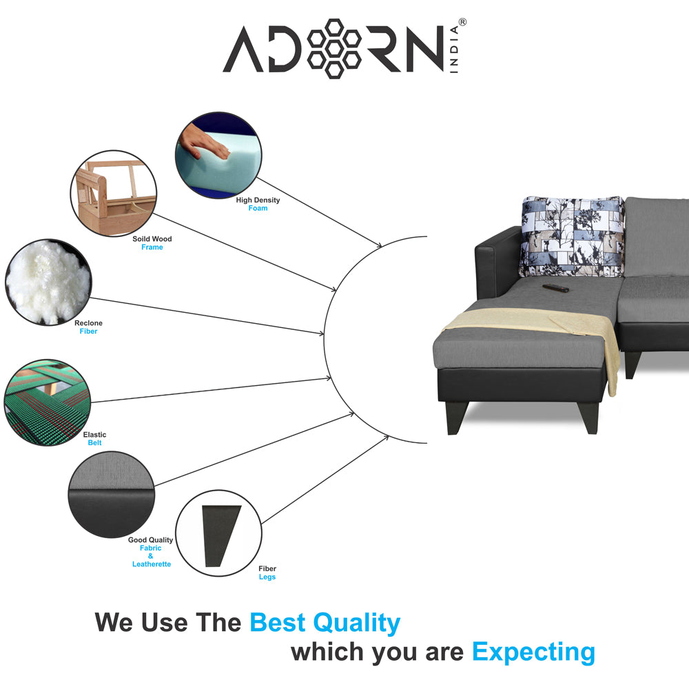 Adorn India Ashley L Shape 6 Seater Sofa Set Leatherette Fabric Digitel Print (Left Hand Side) (Grey & Black) (3 Year Warranty)