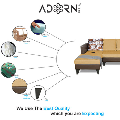 Adorn India Ashley L Shape 6 Seater Sofa Set Leatherette Fabric Digitel Print (Left Hand Side) (Brown & Beige) (3 Year Warranty)