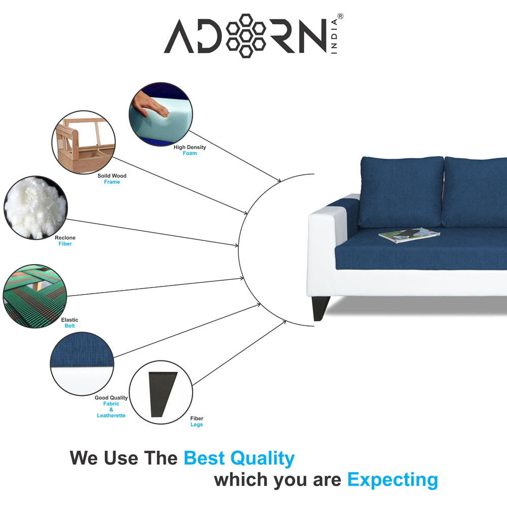 Adorn India Ashley Leatherette Fabric L Shape 6 Seater Sofa Set Plain (Right Hand Side) (Blue & White) (3 Year Warranty)
