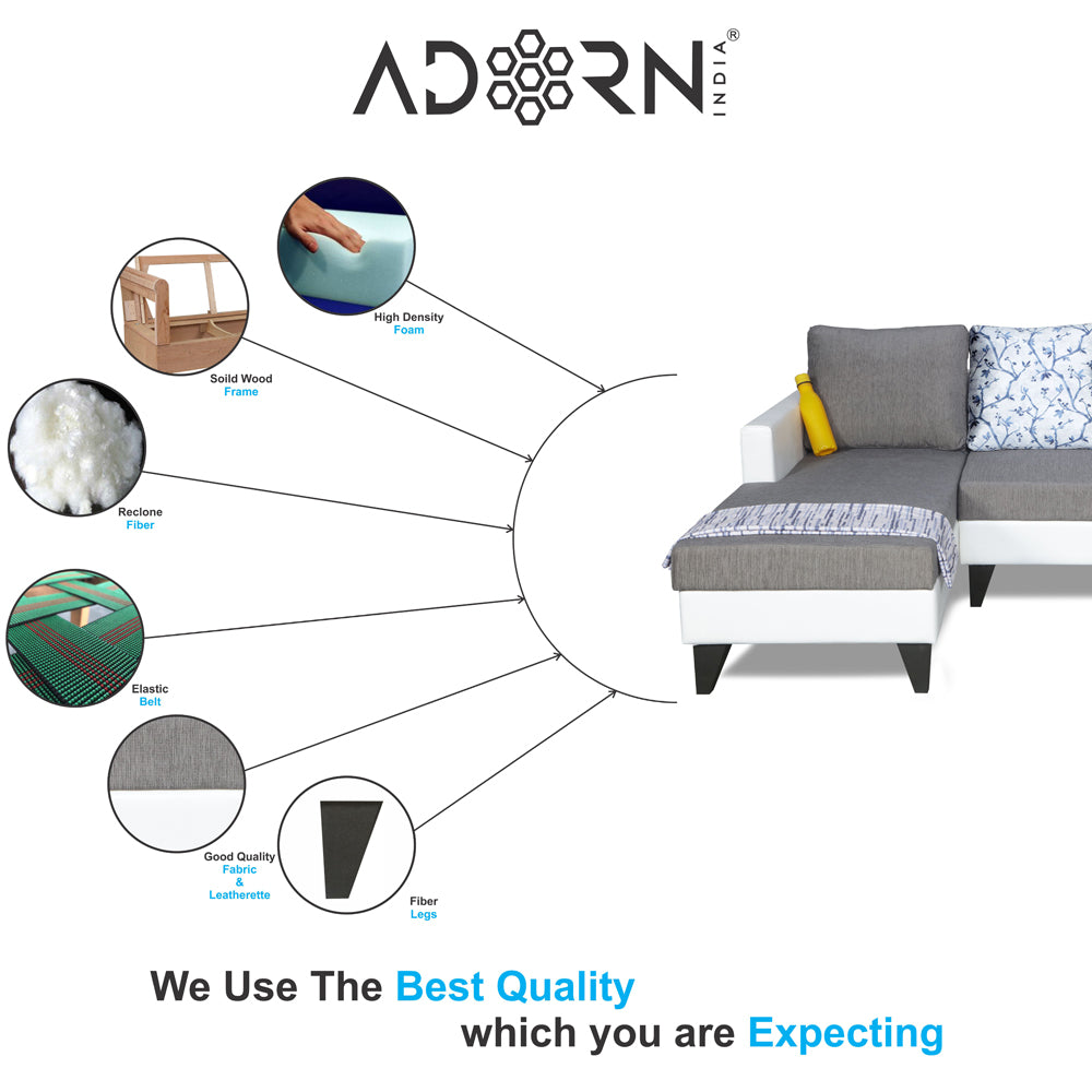 Adorn India Ashley Leatherette Fabric L Shape 6 Seater Sofa Set Digitel Print (Left Hand Side) (Grey & White) (3 Year Warranty)
