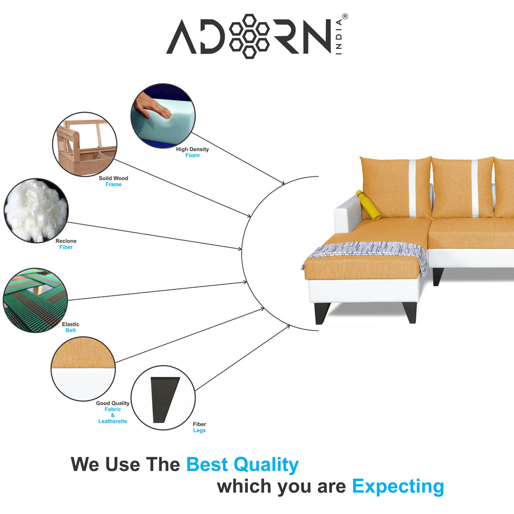 Adorn India Ashley Leatherette Fabric L Shape 6 Seater Sofa Set Stripes (Left Hand Side) (Beige & White) (3 Year Warranty)
