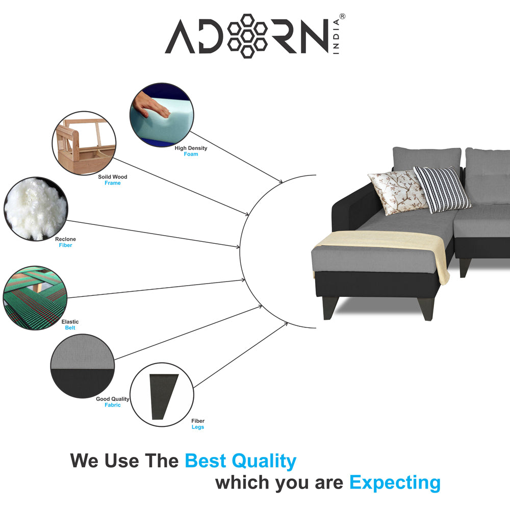 Adorn India Maddox Plain Two Tone L Shape 6 Seater Sofa Set LHS (Grey & Black) (3 Year Warranty)