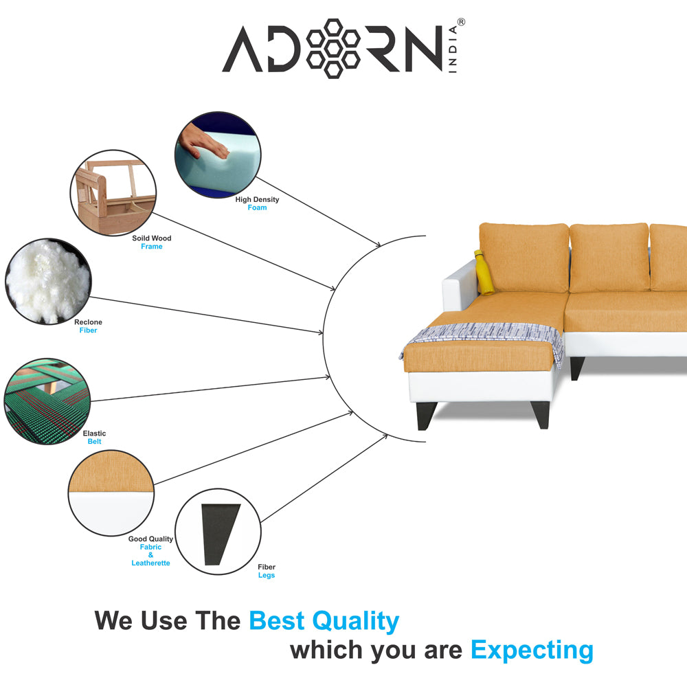 Adorn India Ashley Plain Leatherette Fabric L Shape 8 Seater Sofa Set with 2 Ottoman Puffy & Center Table LHS (Beige & White) (3 Year Warranty)