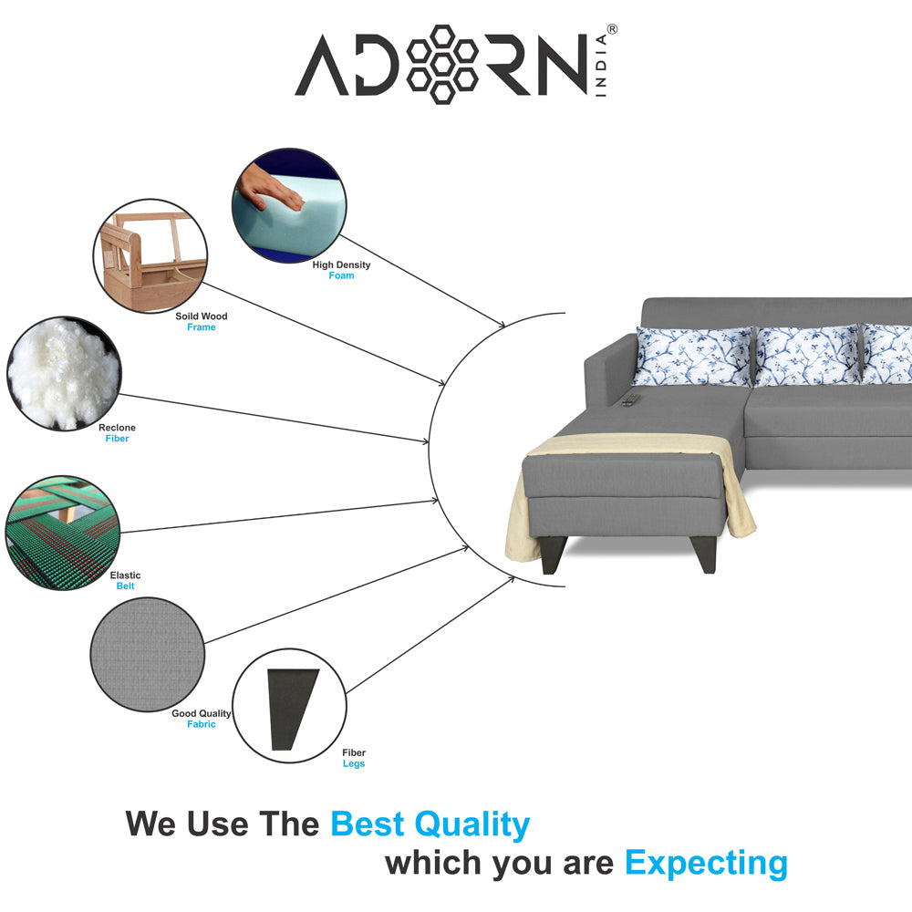 Adorn India Bladen L Shape 5 Seater Sofa Set Floral Print (Left Hand Side) (Grey)