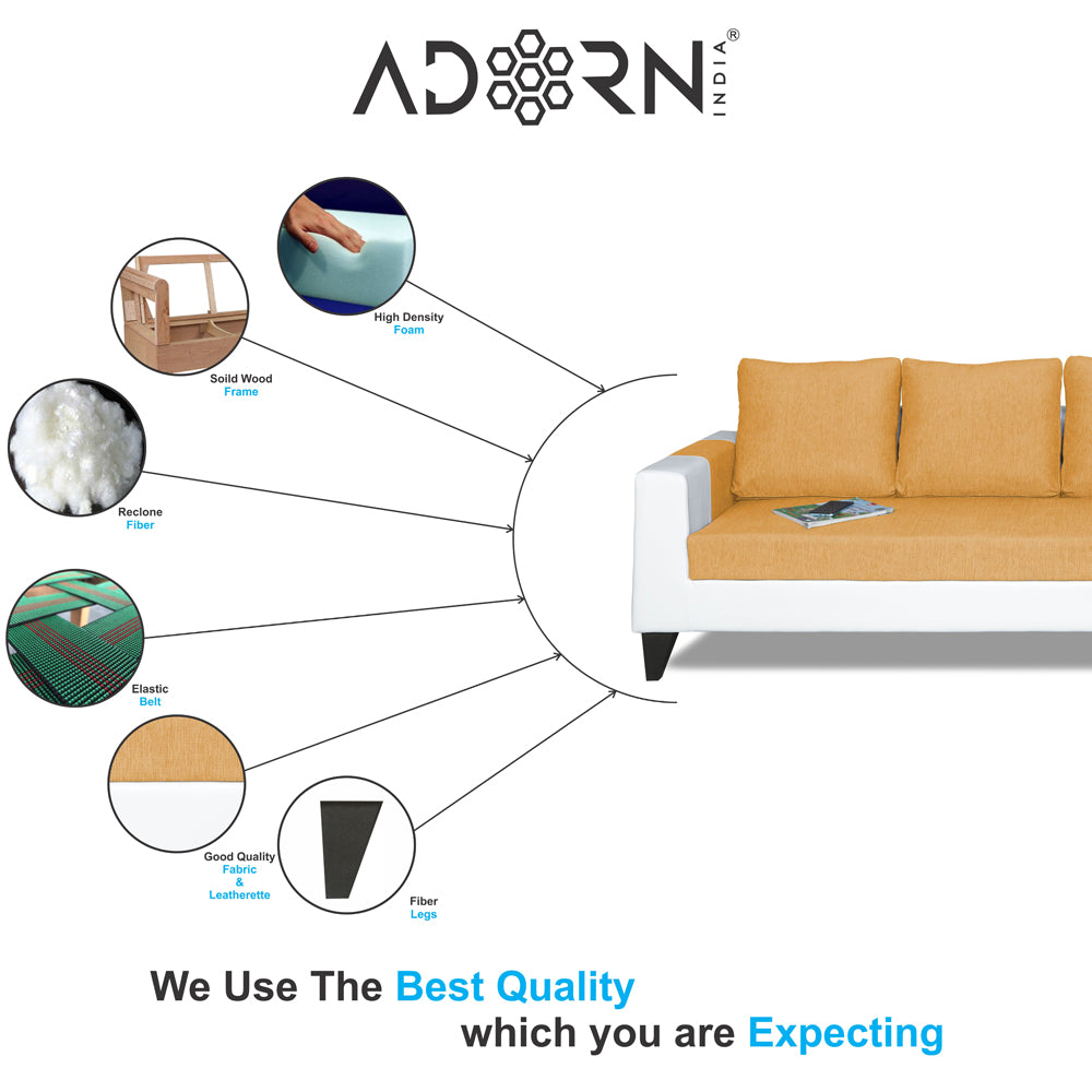 Adorn India Ashley Plain Leatherette Fabric L Shape 8 Seater Sofa Set with 2 Ottoman Puffy & Center Table RHS (Beige & White) (3 Year Warranty)