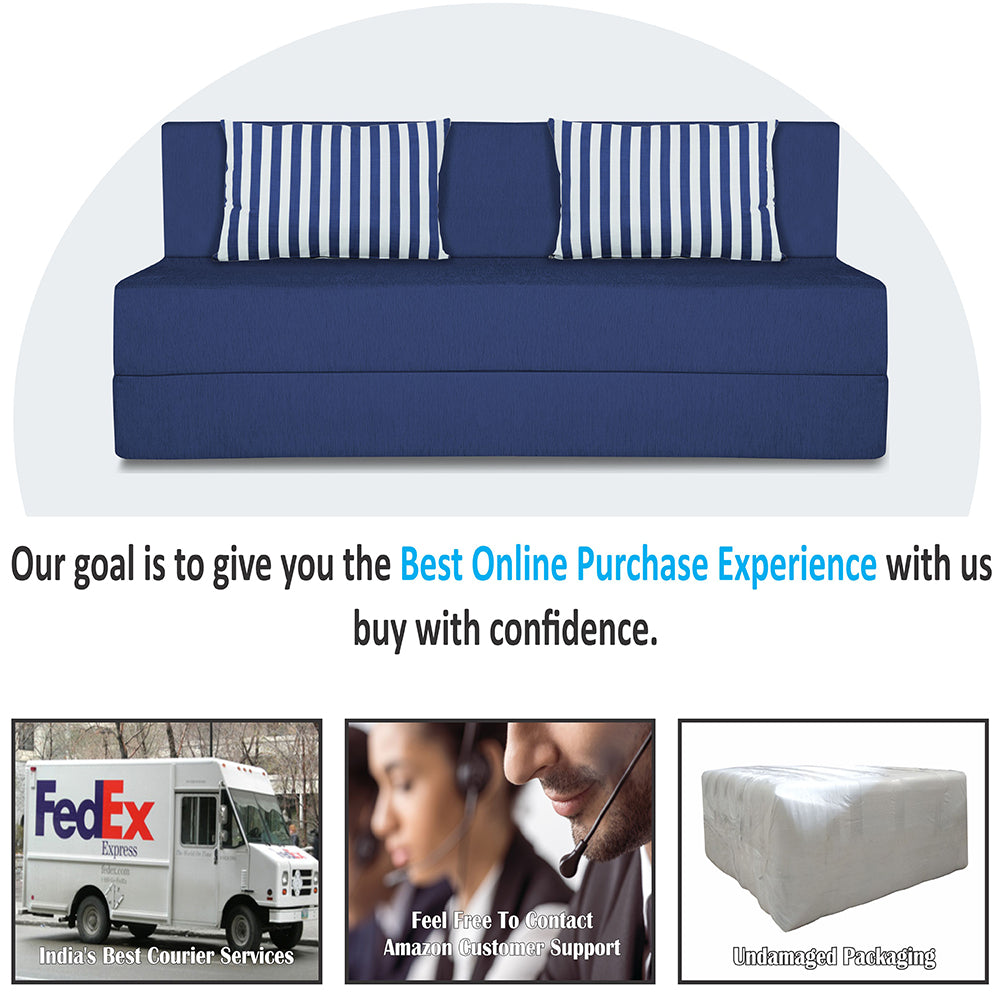 Adorn India Wood Easy Alyn Plus Stripes 4 Seater Sofa Cum Bed (6X6) (Blue) (1 Year Warranty)