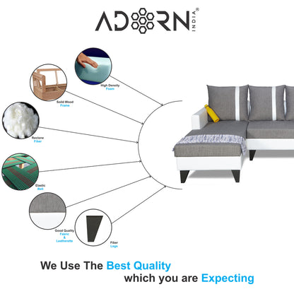 Adorn India Ashley Leatherette Fabric L Shape 6 Seater Sofa Set Stripes (Left Hand Side) (Grey & White) (3 Year Warranty)