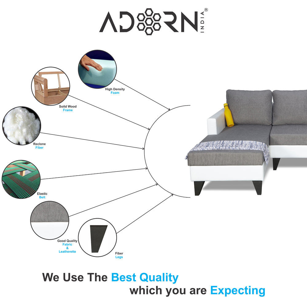 Adorn India Ashley Leatherette Fabric L Shape 6 Seater Sofa Set Plain (Left Hand Side) (Grey & White) (3 Year Warranty)
