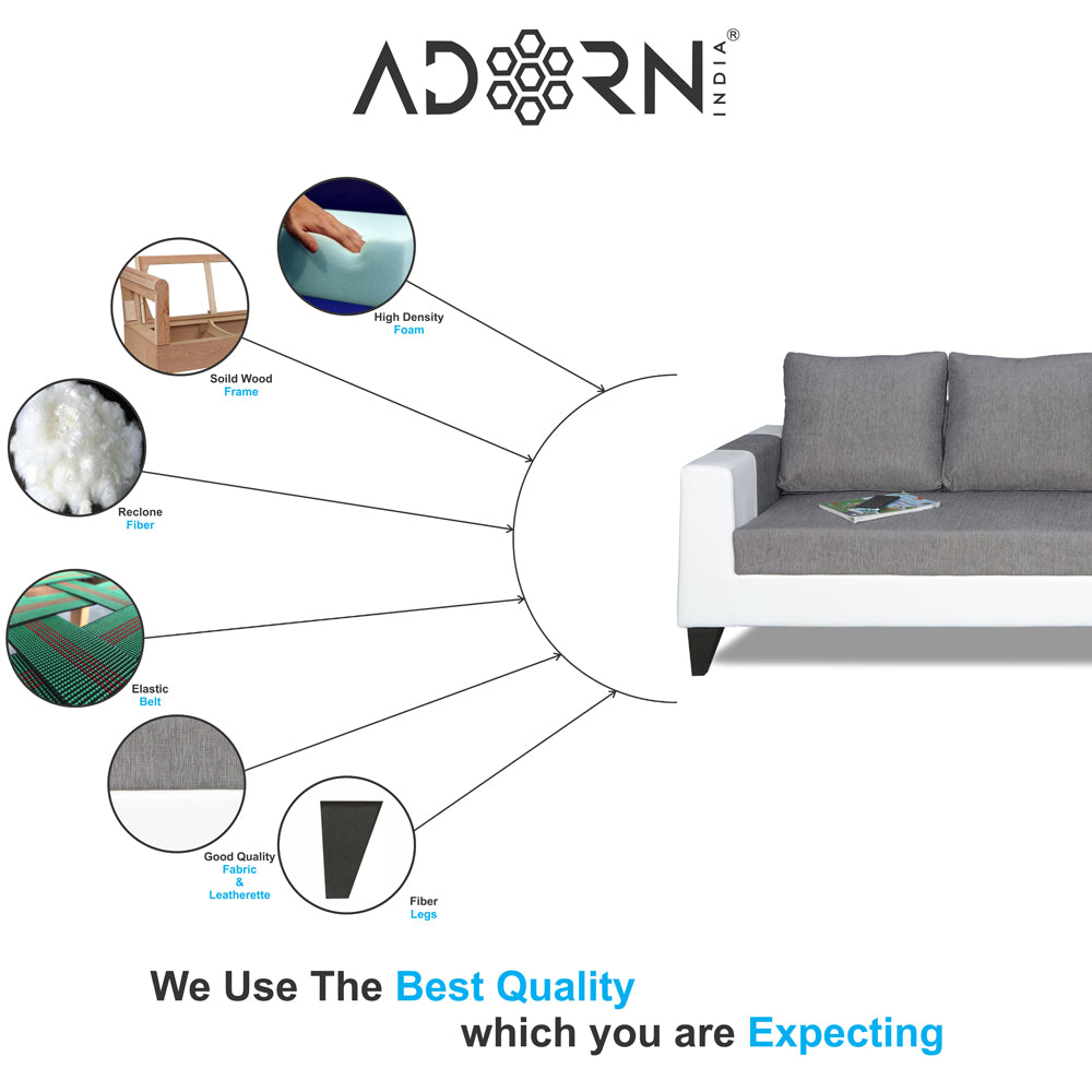 Adorn India Ashley Plain Leatherette Fabric L Shape 8 Seater Sofa Set with 2 Ottoman Puffy & Center Table RHS (Grey & White) (3 Year Warranty)