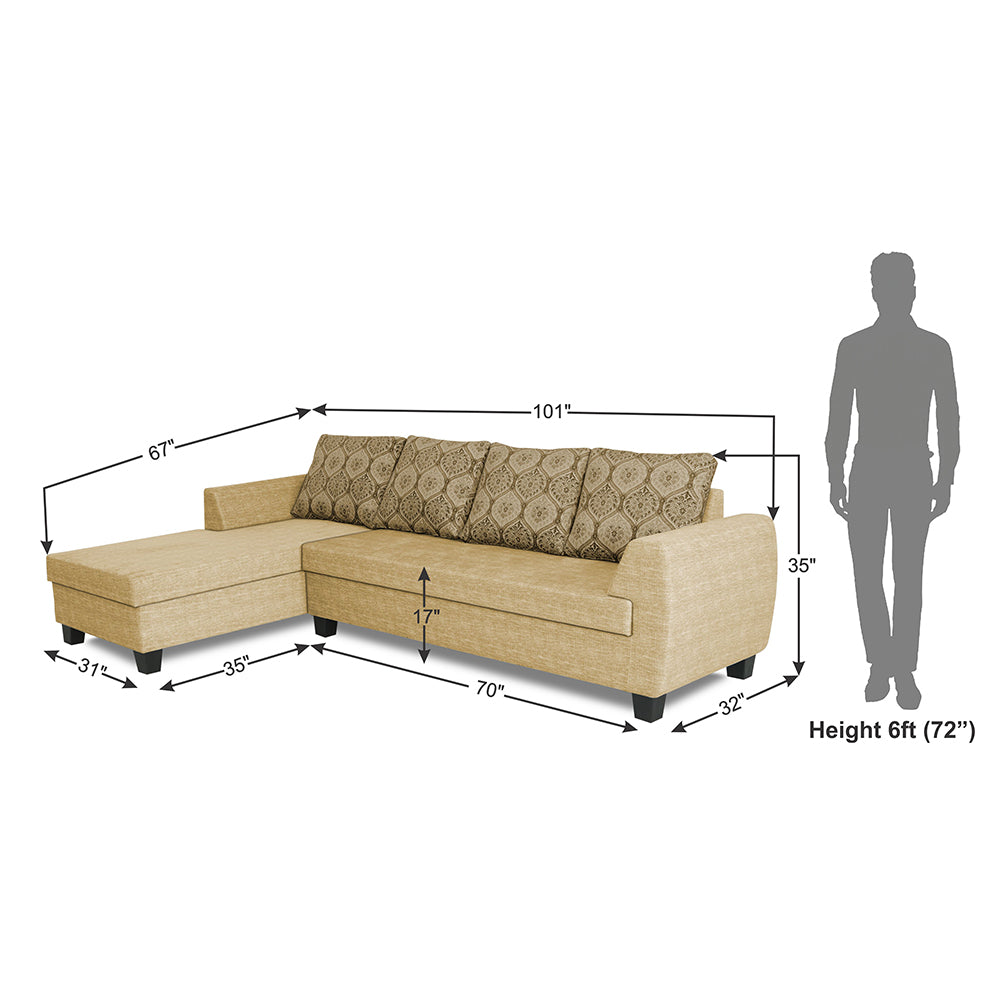 Adorn India Raiden Damask L Shape 6 Seater Sofa Set with Center Table (Left Hand Side) (Beige) (3 Year Warranty)