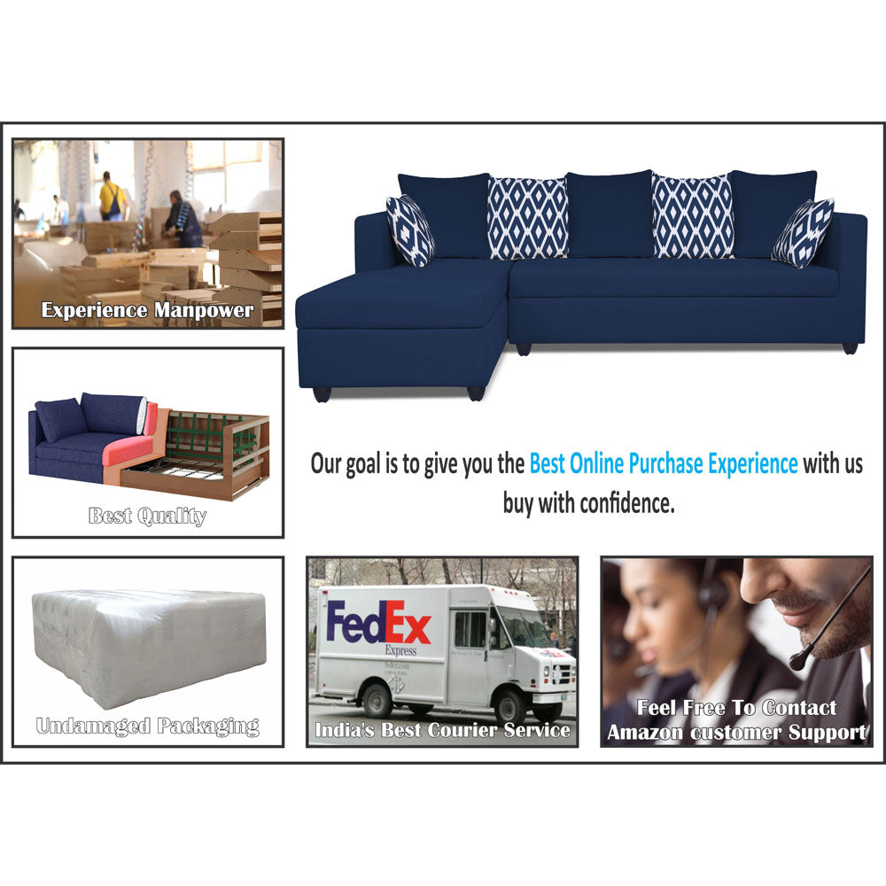 Adorn India Zink Straight line L Shape 5 Seater Sofa Rhombus Cushion (Left Side Handle) Blue