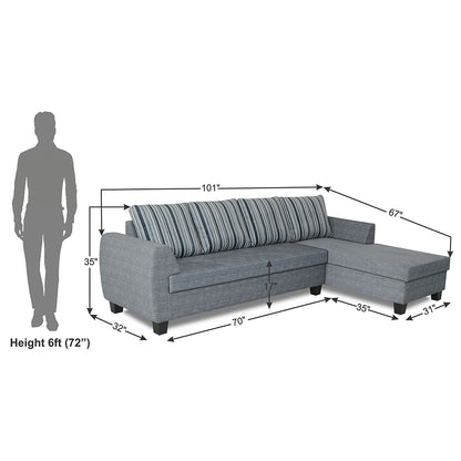 Adorn India Raiden Stripes L Shape 6 Seater Sofa Set with Center Table (Right Hand Side) (Grey) (3 Year Warranty)