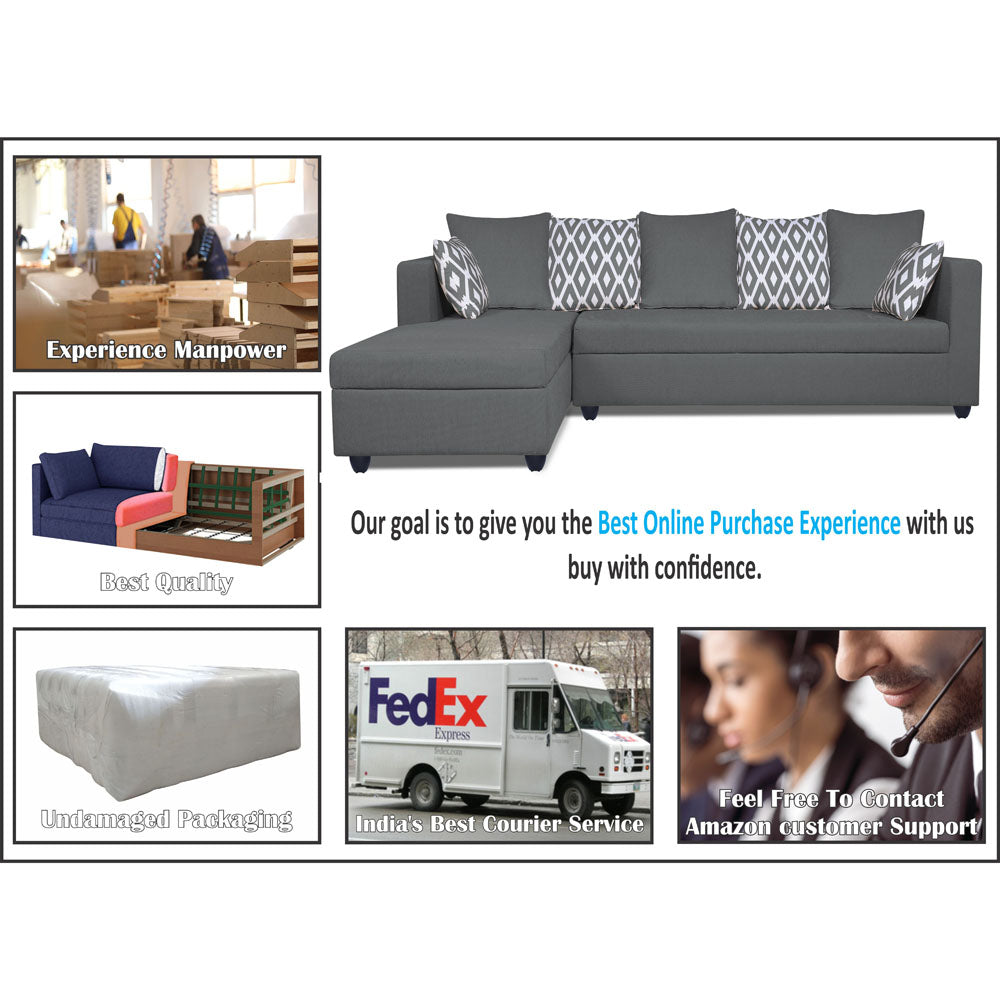 Adorn India Zink Straight line L Shape 5 Seater Sofa Rhombus Cushion (Left Side Handle)(Grey)