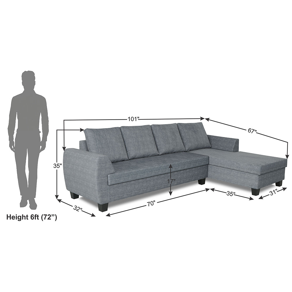Adorn India Raiden Decent Premium L Shape 6 Seater Sofa Set with Center Table (Right Hand Side) (Grey) (3 Year Warranty)