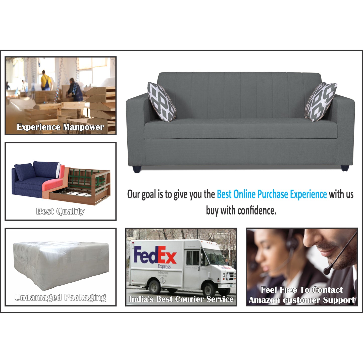 Adorn India Rio HighBack 3+1+1 5 Seater Sofa Set (Grey) (3 Year Warranty)