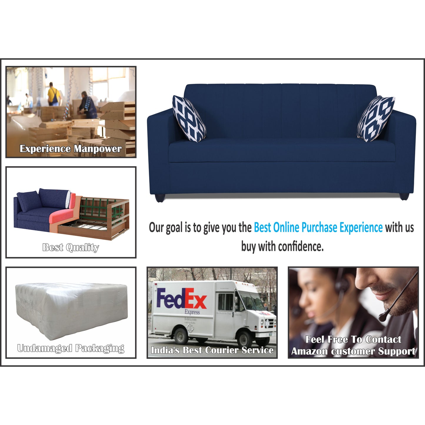 Adorn India Rio HighBack 3+1+1 5 Seater Sofa Set (Blue) (3 Year Warranty)