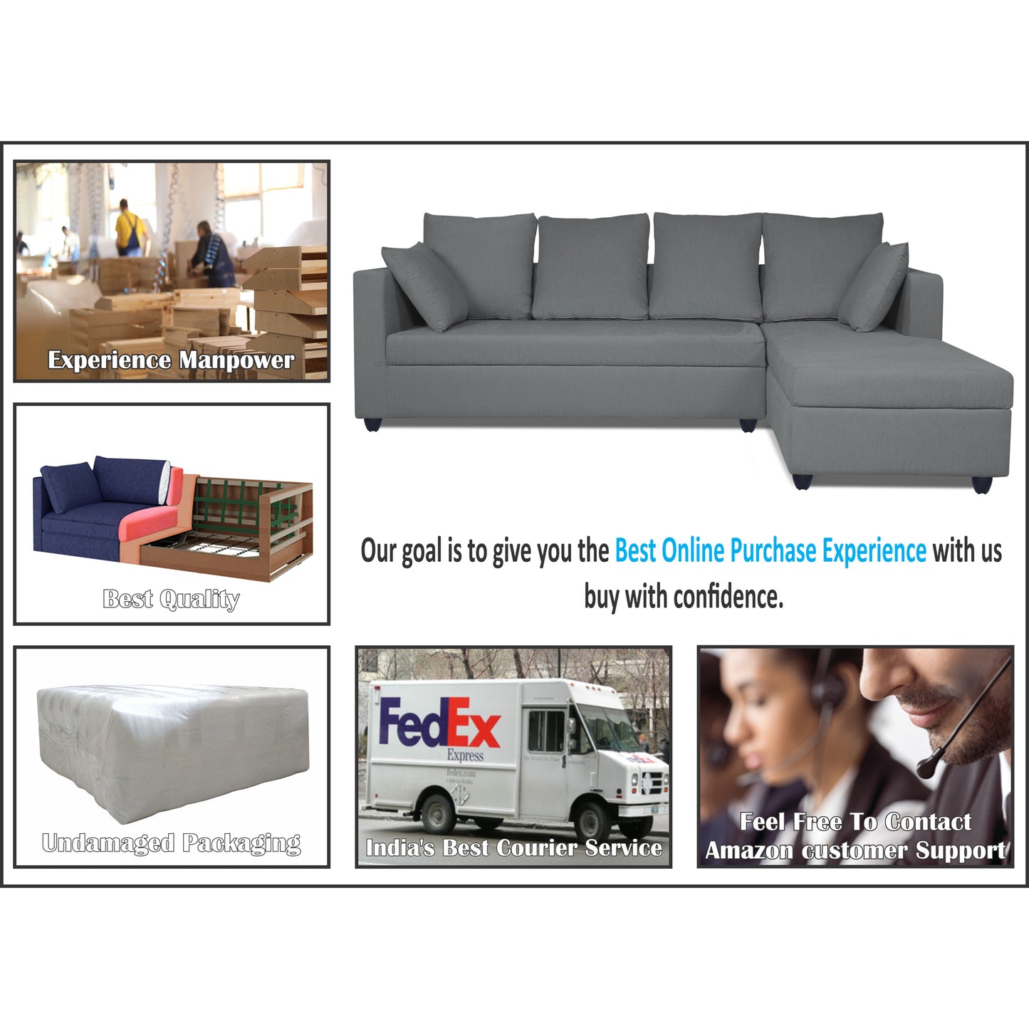 Adorn India Zink Straight line L Shape 6 Seater Sofa with Plain Cushion (Grey)