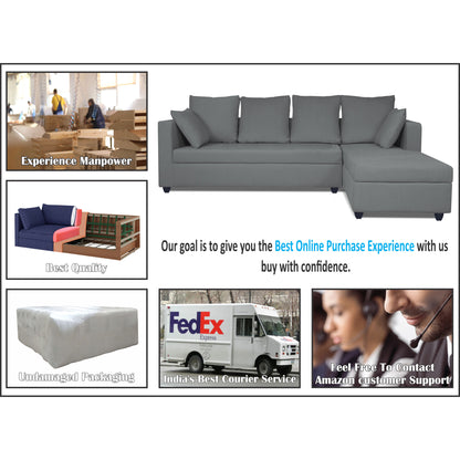Adorn India Zink Straight line L Shape 6 Seater Sofa with Plain Cushion (Grey)