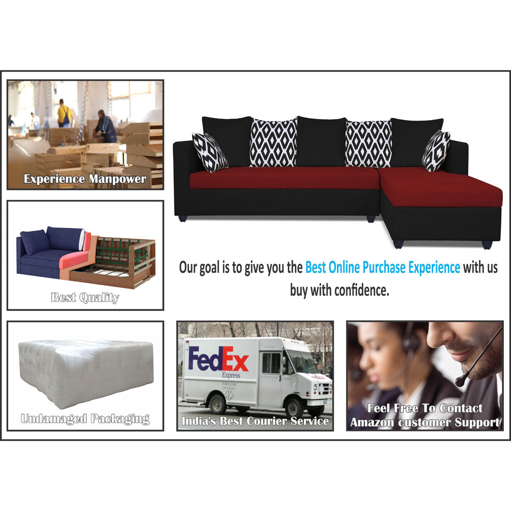 Adorn India Zink Straight line L Shape 5 Seater Sofa Rhombus Cushion(Maroon & Black), Wood, Foam