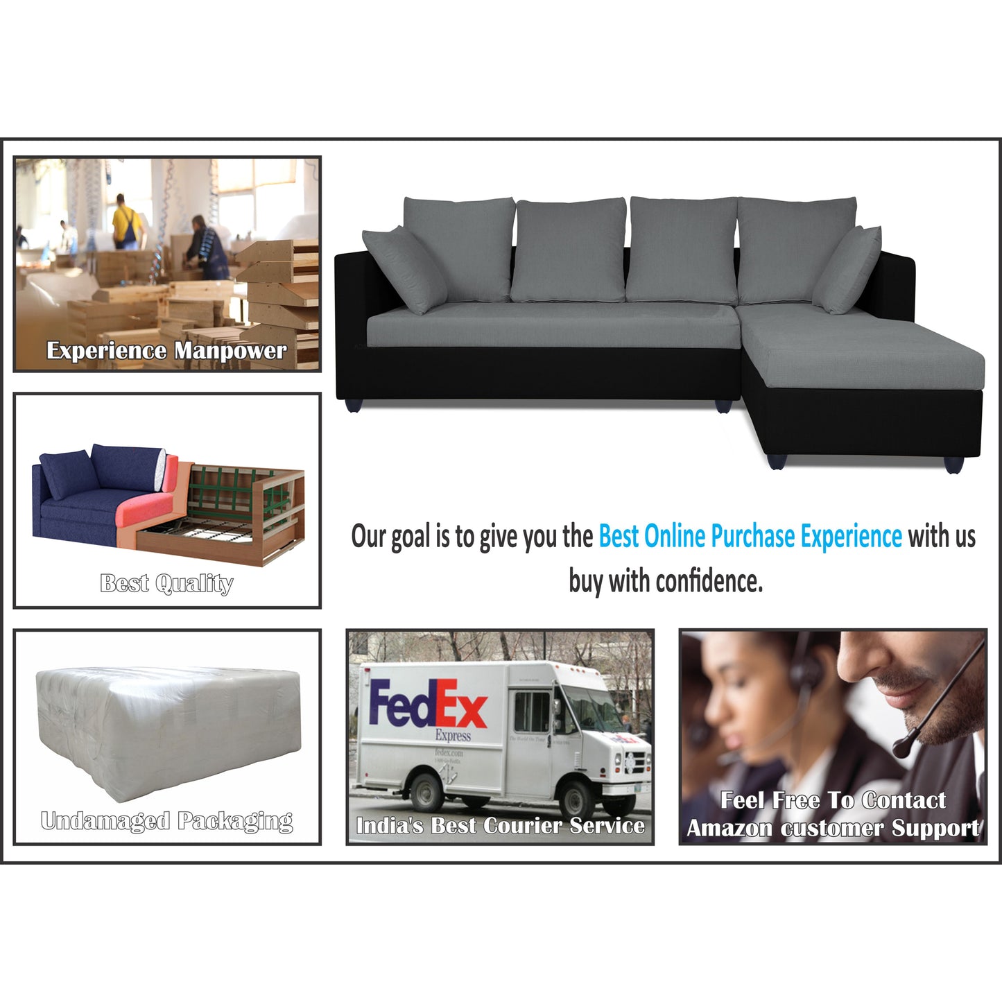 Adorn India Zink Straight line L Shape 6 Seater Sofa Plain Cushion (Grey & Black)