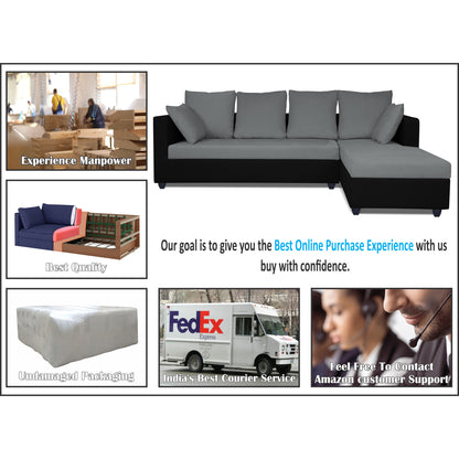 Adorn India Zink Straight line L Shape 6 Seater Sofa Plain Cushion (Grey & Black)
