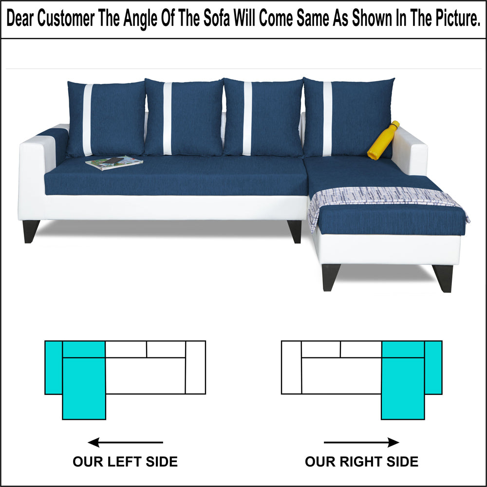 Adorn India Ashley Leatherette Fabric L Shape 6 Seater Sofa Set Stripes (Right Hand Side) (Blue & White) (3 Year Warranty)