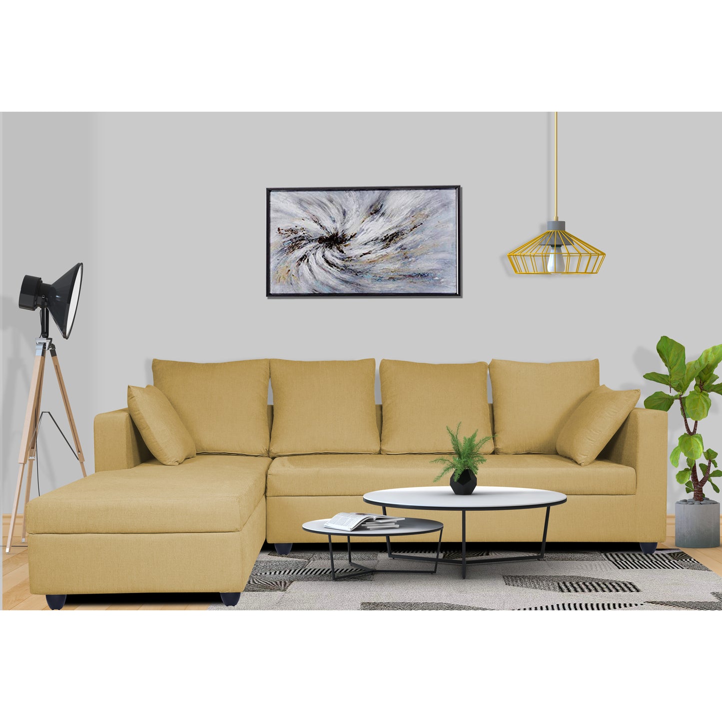 Adorn India Zink Straight line L Shape 5 Seater Sofa Plain Cushion (Left Side Handle) (Beige)